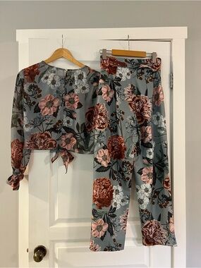 Sheike Dusty Blue Floral Straight-Leg Pants & Tie-Front Top